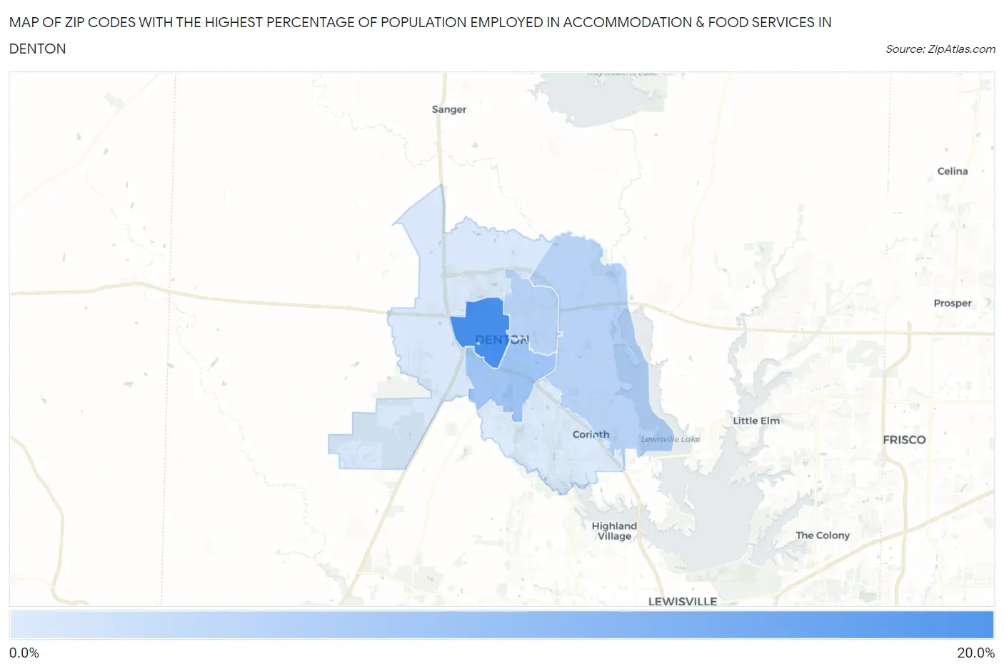 Zip Codes with the Highest Percentage of Population Employed in Accommodation & Food Services in Denton Map
