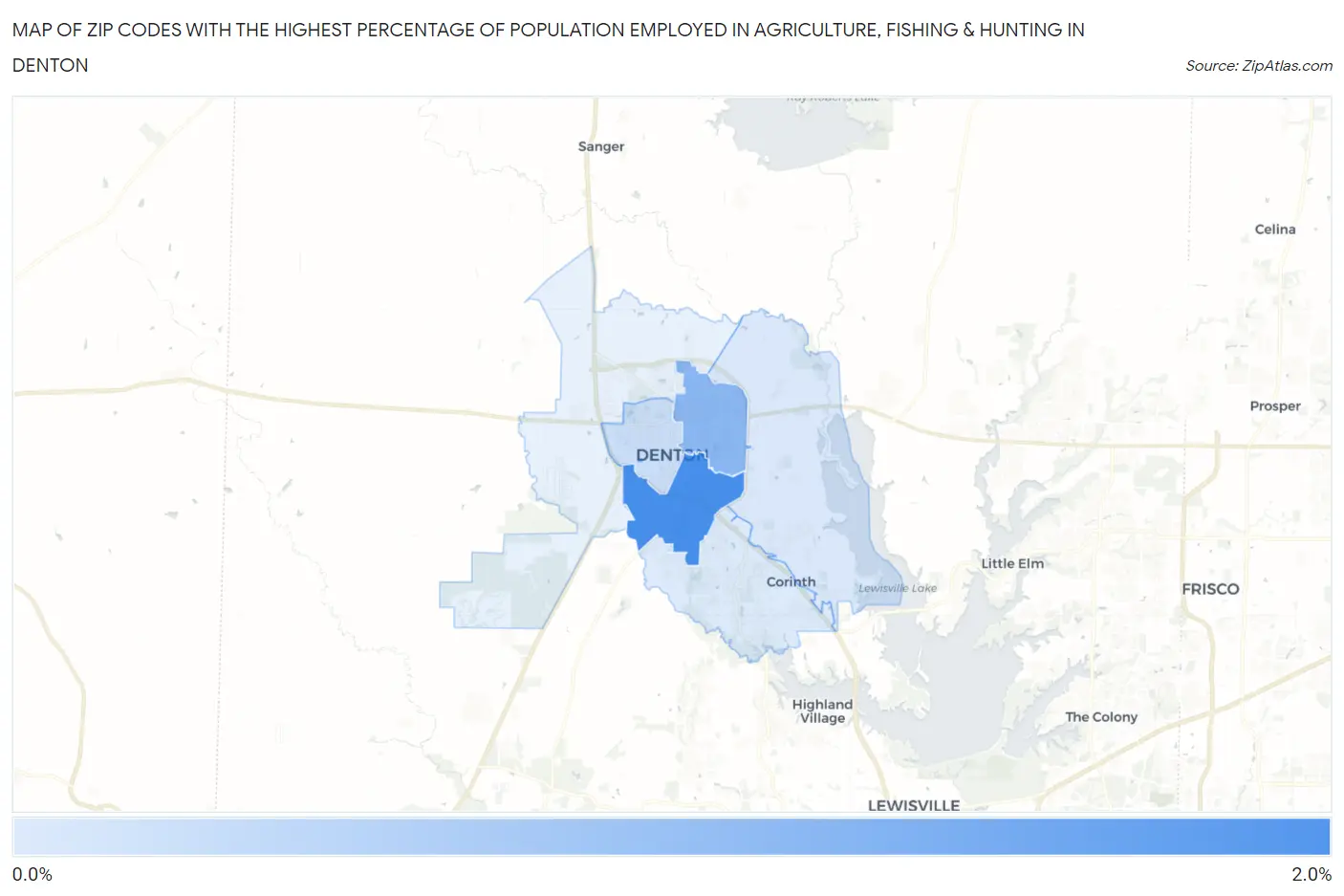 Zip Codes with the Highest Percentage of Population Employed in Agriculture, Fishing & Hunting in Denton Map