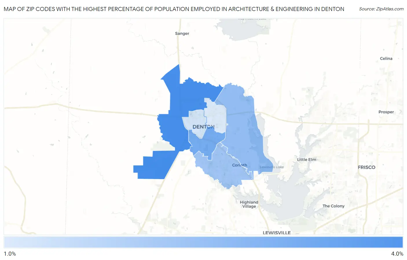 Zip Codes with the Highest Percentage of Population Employed in Architecture & Engineering in Denton Map