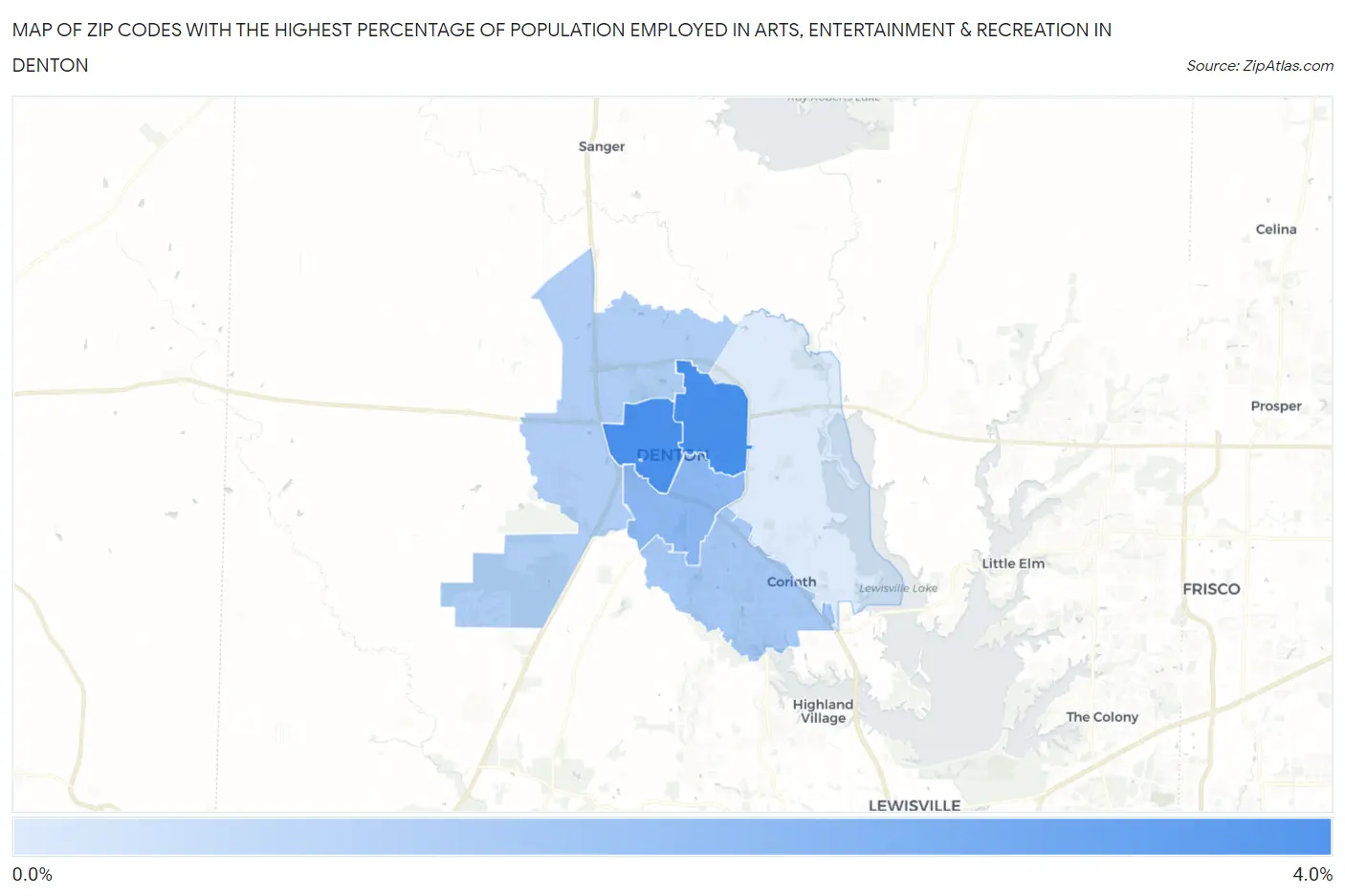 Zip Codes with the Highest Percentage of Population Employed in Arts, Entertainment & Recreation in Denton Map