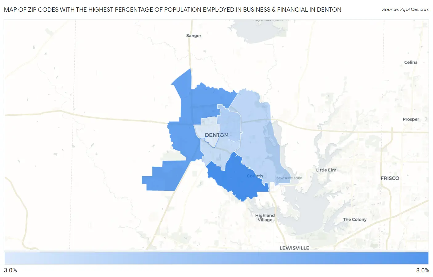 Zip Codes with the Highest Percentage of Population Employed in Business & Financial in Denton Map