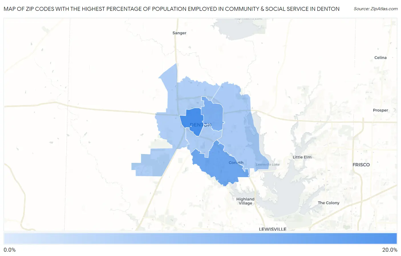 Zip Codes with the Highest Percentage of Population Employed in Community & Social Service  in Denton Map