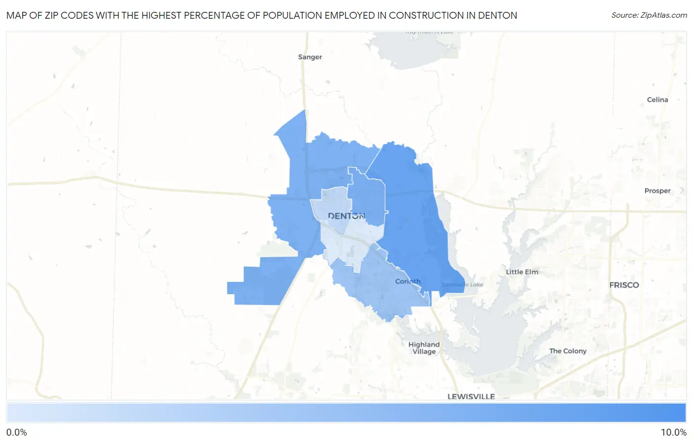 Zip Codes with the Highest Percentage of Population Employed in Construction in Denton Map