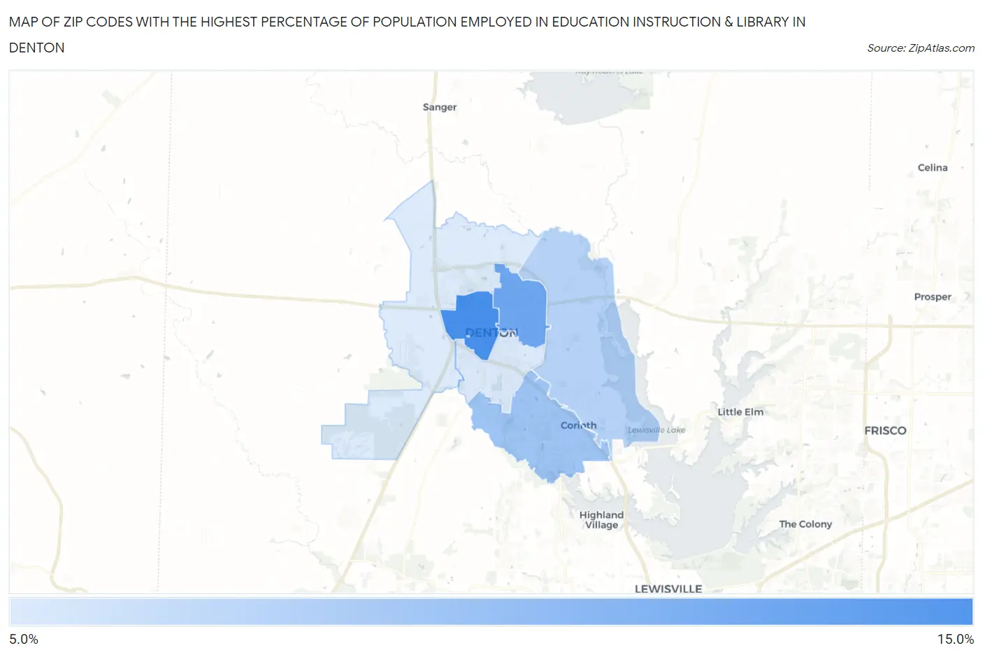 Zip Codes with the Highest Percentage of Population Employed in Education Instruction & Library in Denton Map