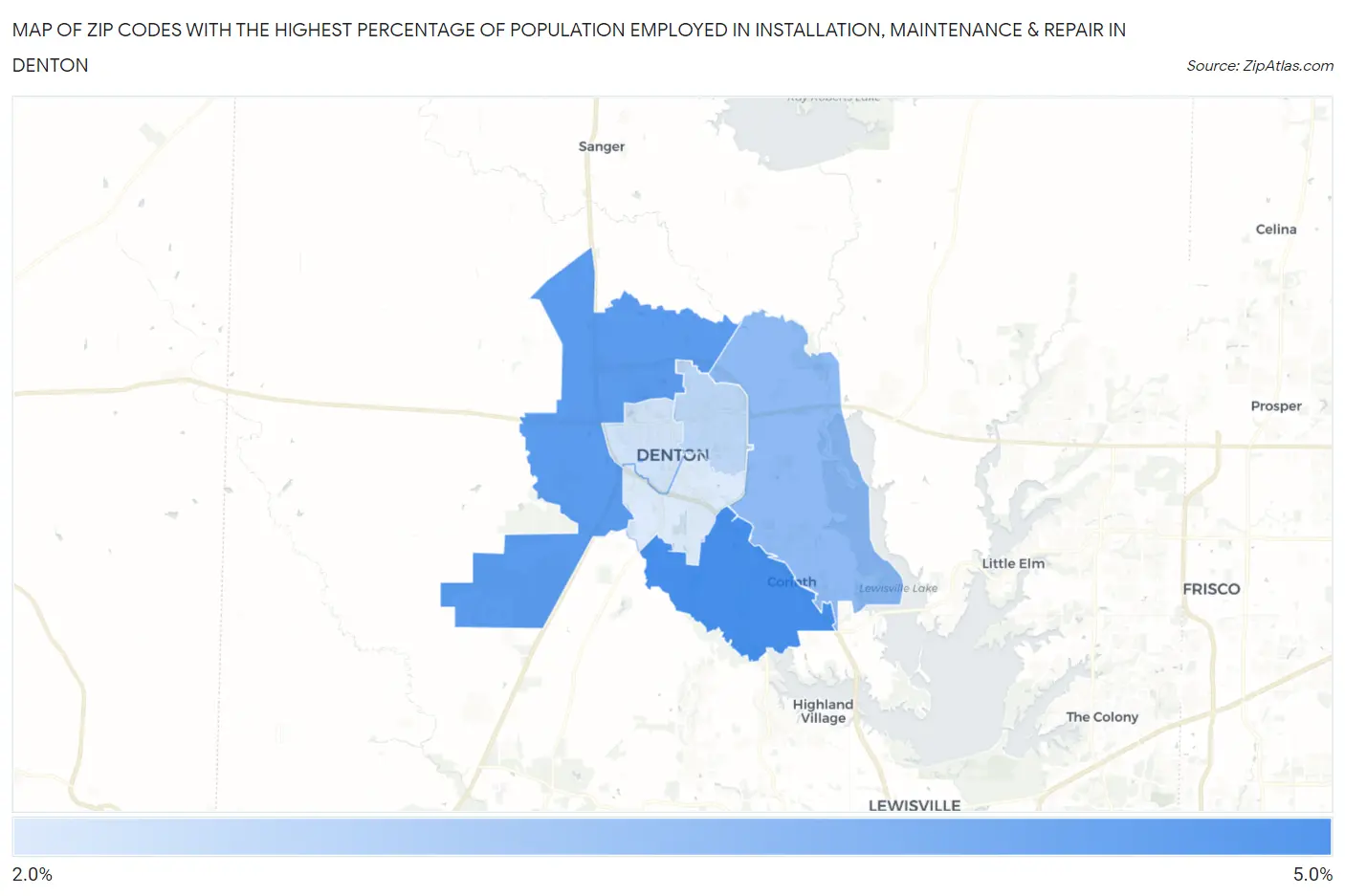 Zip Codes with the Highest Percentage of Population Employed in Installation, Maintenance & Repair in Denton Map