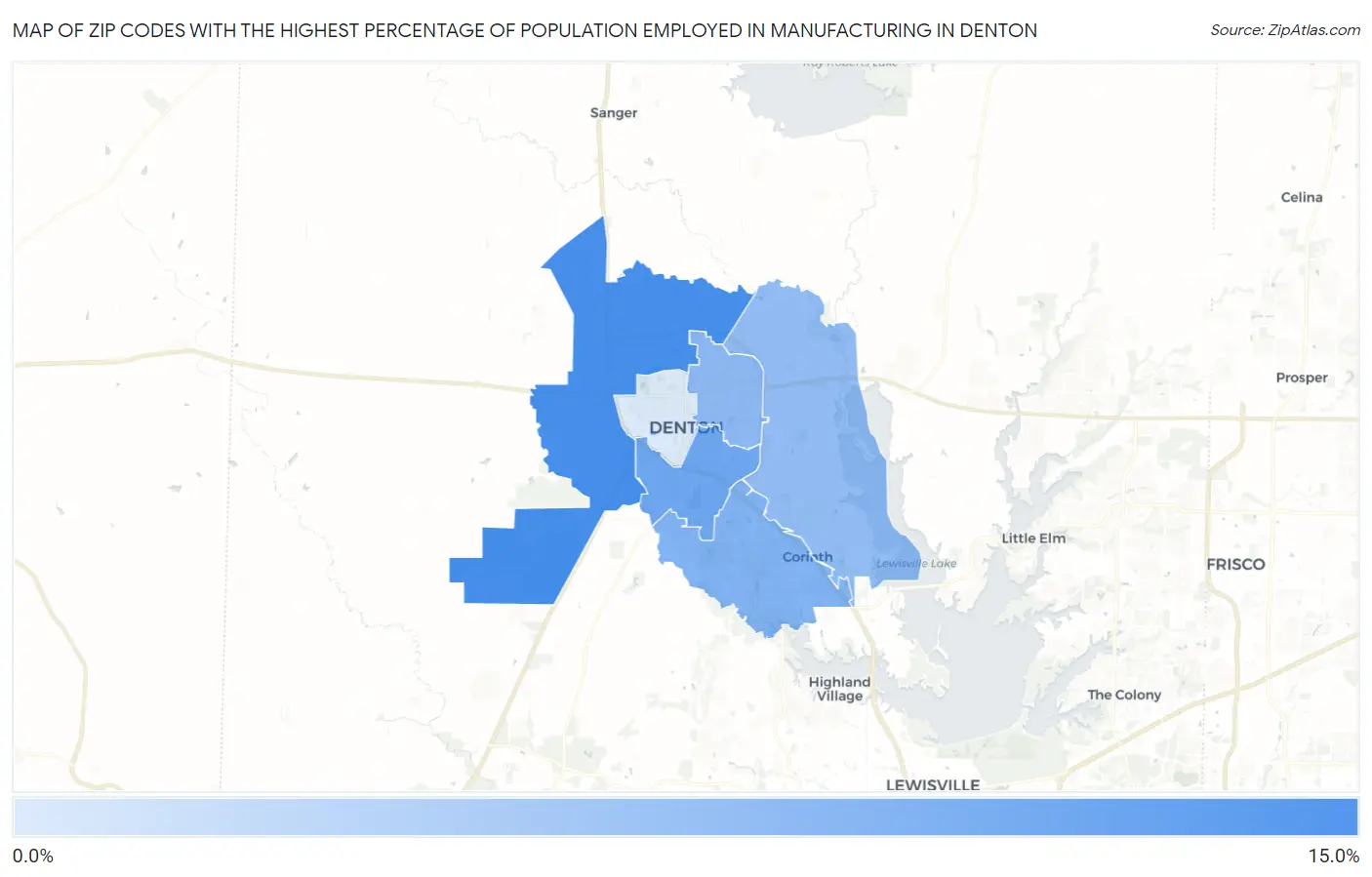 Zip Codes with the Highest Percentage of Population Employed in Manufacturing in Denton Map