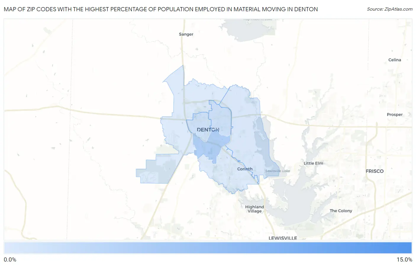 Zip Codes with the Highest Percentage of Population Employed in Material Moving in Denton Map