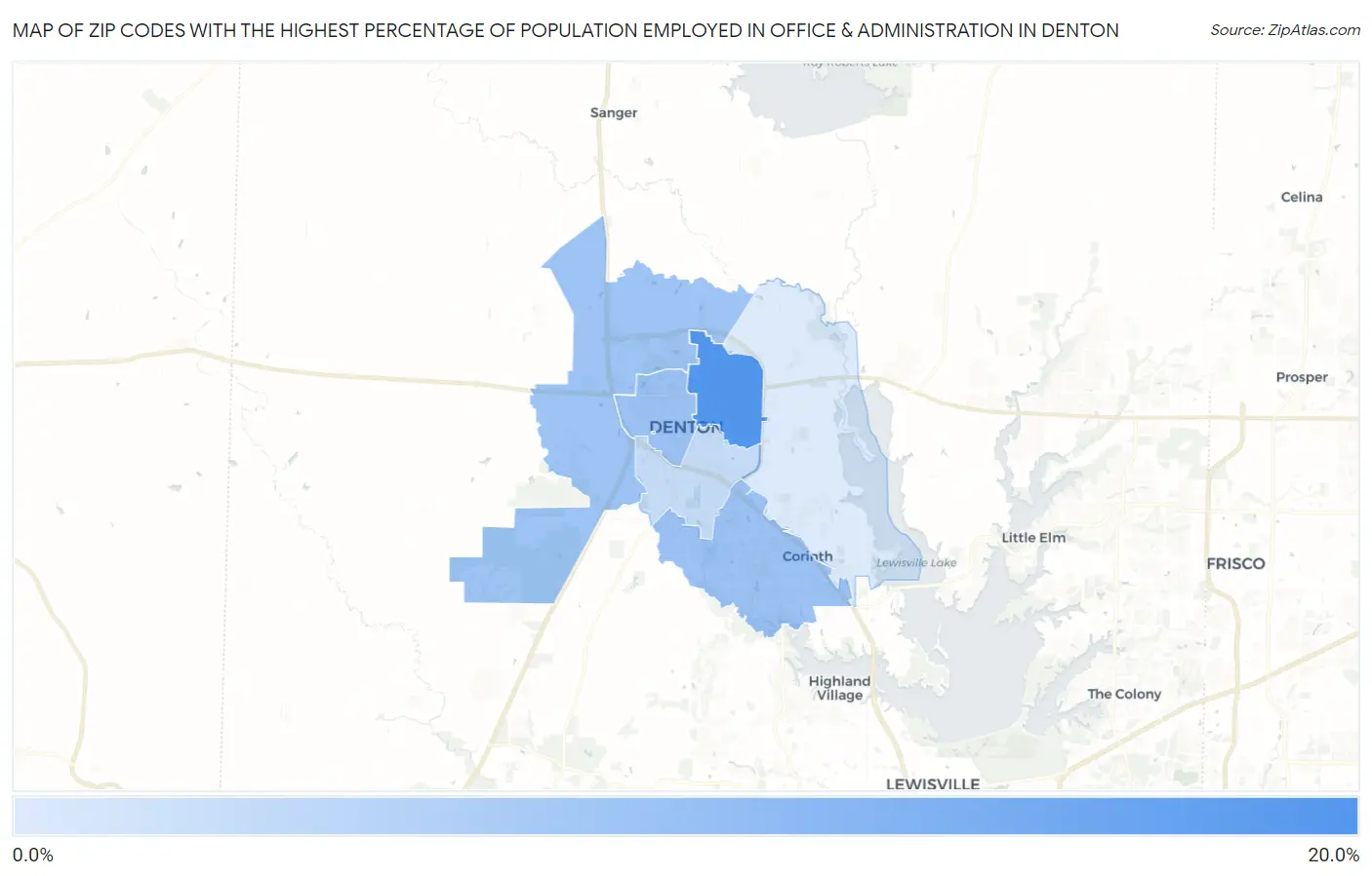 Zip Codes with the Highest Percentage of Population Employed in Office & Administration in Denton Map