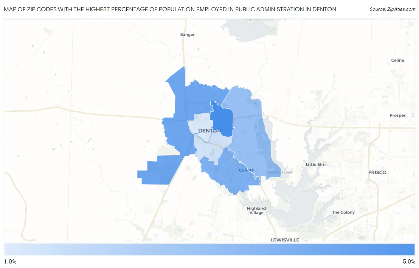 Zip Codes with the Highest Percentage of Population Employed in Public Administration in Denton Map