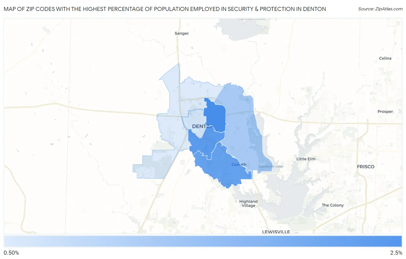 Zip Codes with the Highest Percentage of Population Employed in Security & Protection in Denton Map