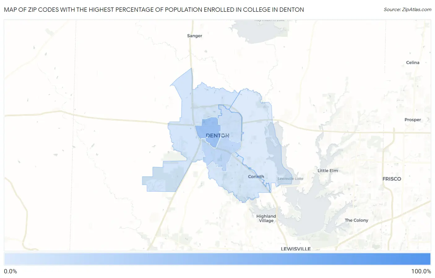 Zip Codes with the Highest Percentage of Population Enrolled in College in Denton Map