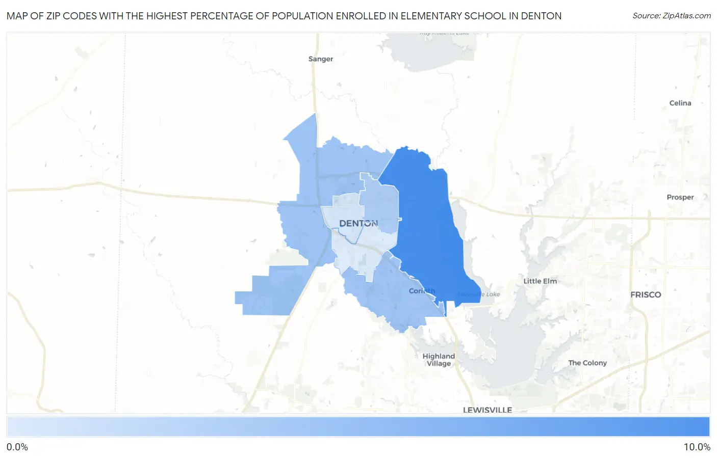 Zip Codes with the Highest Percentage of Population Enrolled in Elementary School in Denton Map