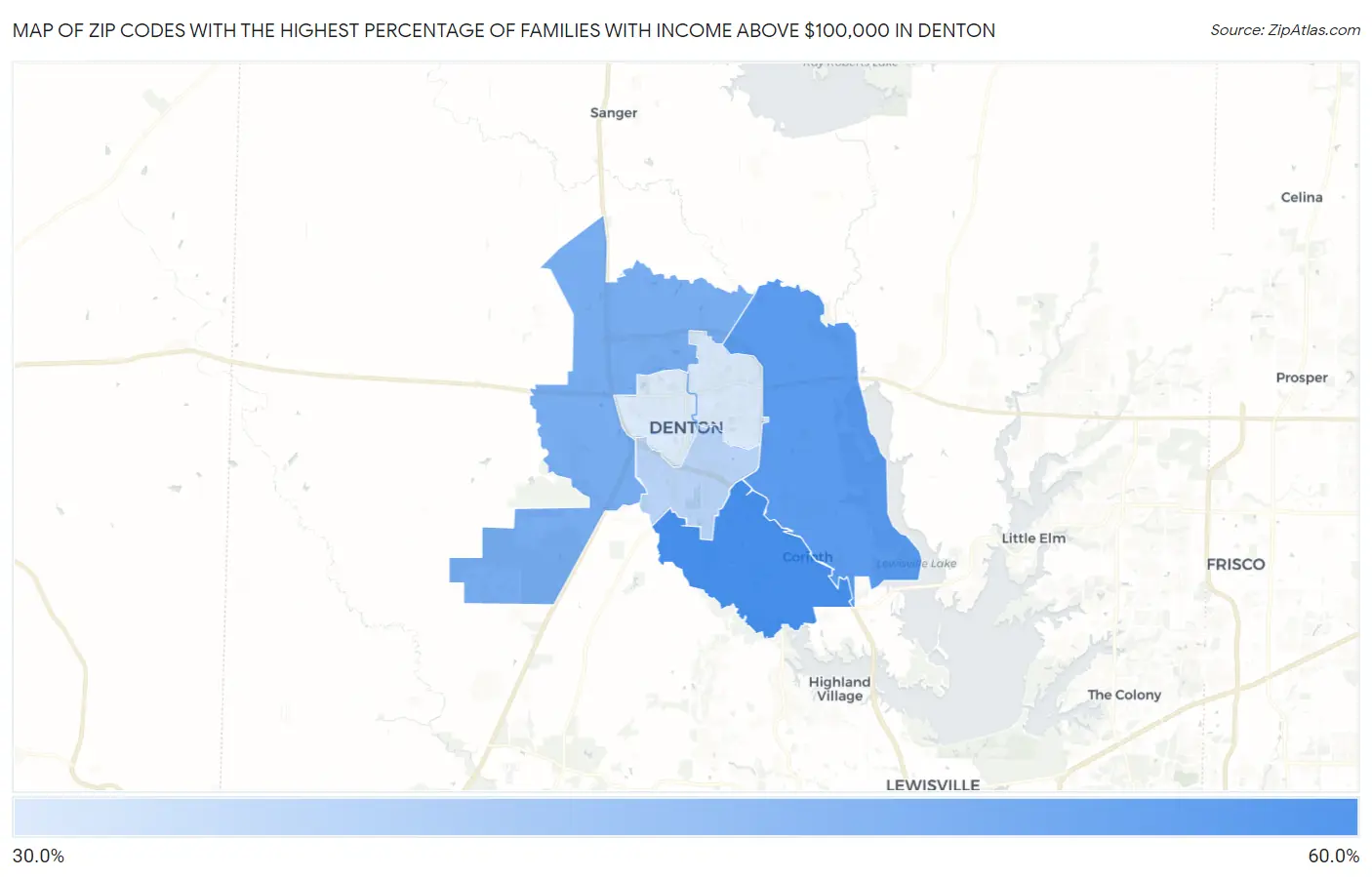Zip Codes with the Highest Percentage of Families with Income Above $100,000 in Denton Map