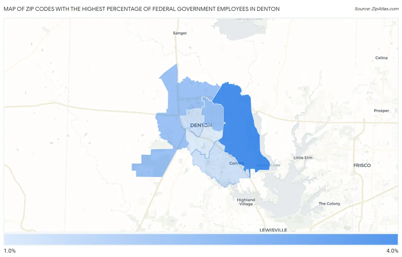 Zip Codes with the Highest Percentage of Federal Government Employees in Denton Map