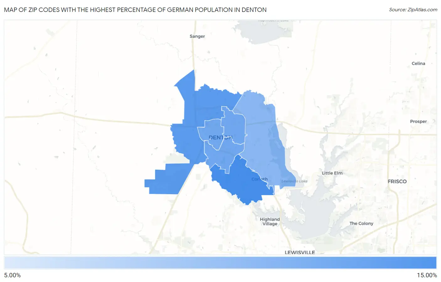 Zip Codes with the Highest Percentage of German Population in Denton Map