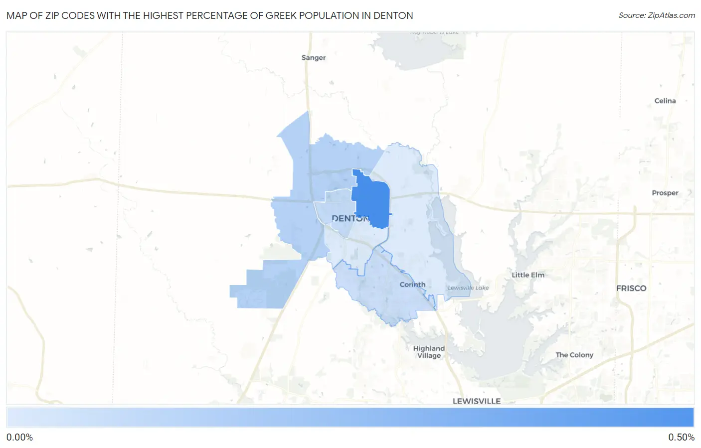 Zip Codes with the Highest Percentage of Greek Population in Denton Map