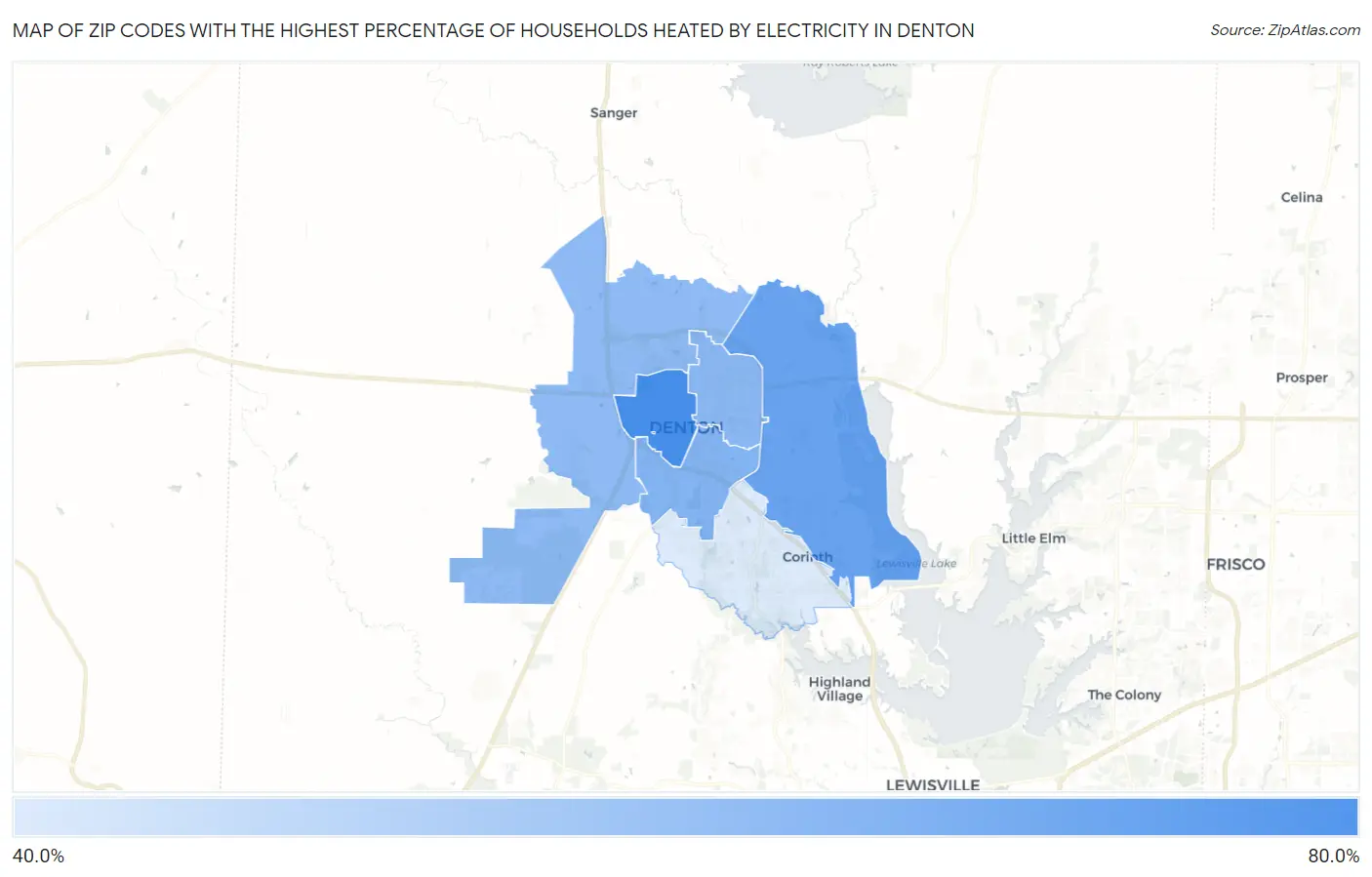 Zip Codes with the Highest Percentage of Households Heated by Electricity in Denton Map