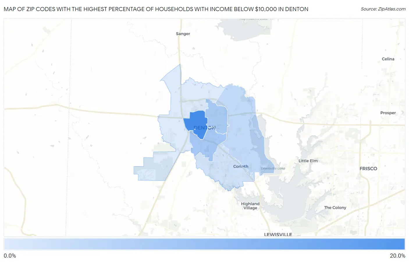 Zip Codes with the Highest Percentage of Households with Income Below $10,000 in Denton Map