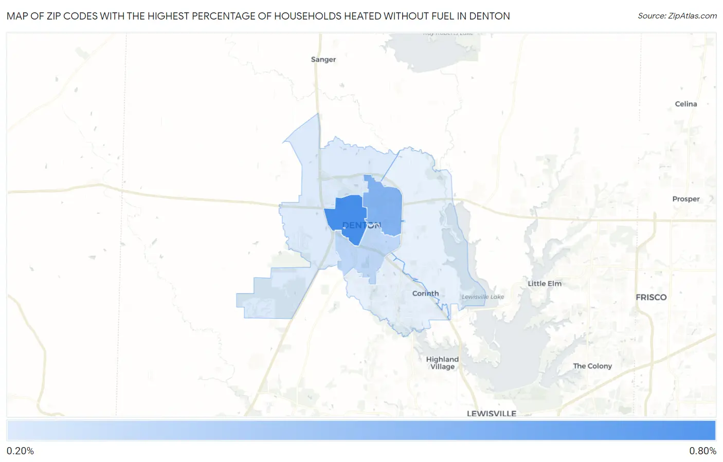 Zip Codes with the Highest Percentage of Households Heated without Fuel in Denton Map