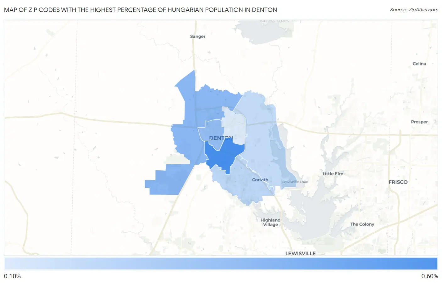 Zip Codes with the Highest Percentage of Hungarian Population in Denton Map