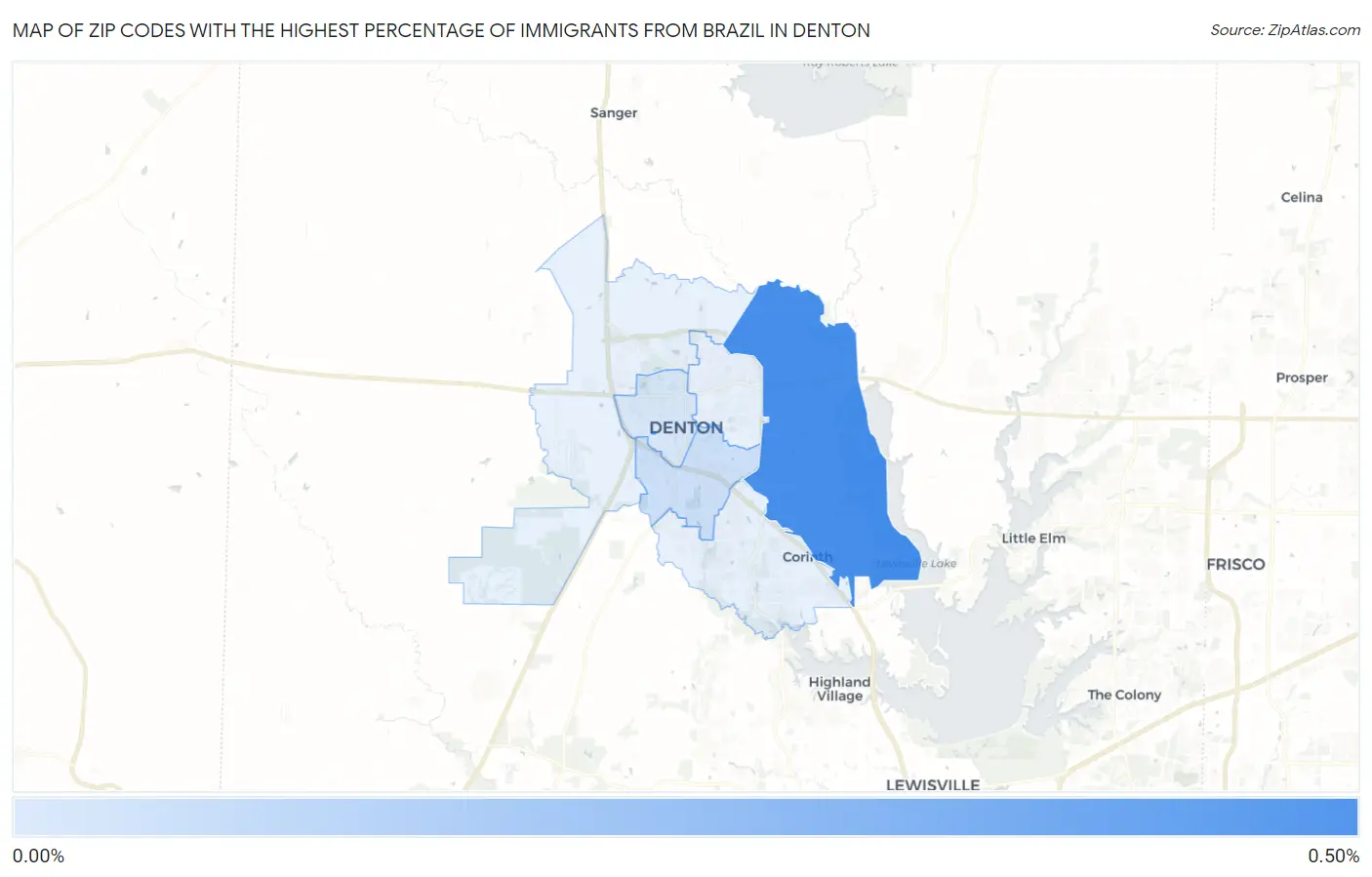 Zip Codes with the Highest Percentage of Immigrants from Brazil in Denton Map