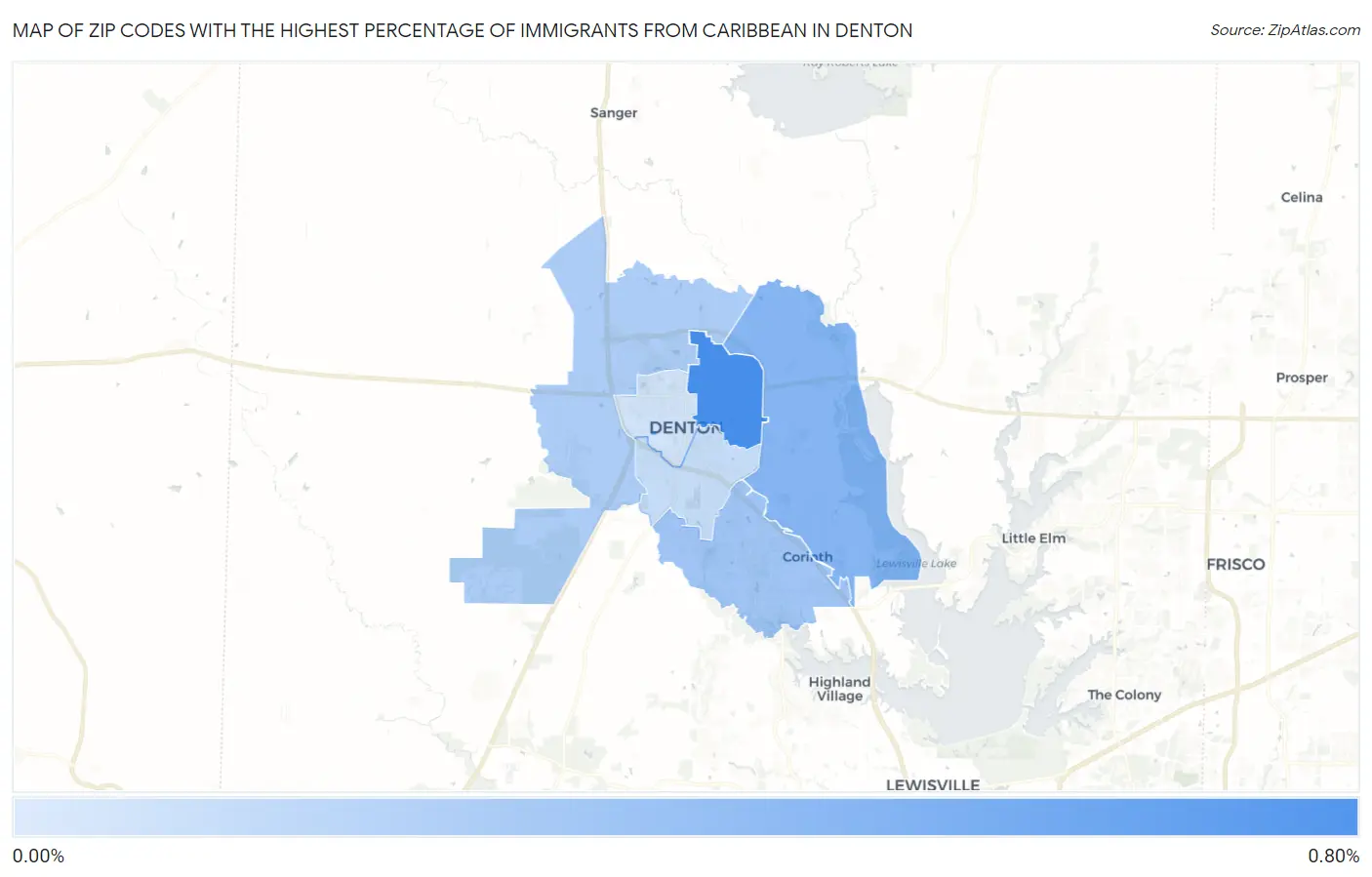 Zip Codes with the Highest Percentage of Immigrants from Caribbean in Denton Map