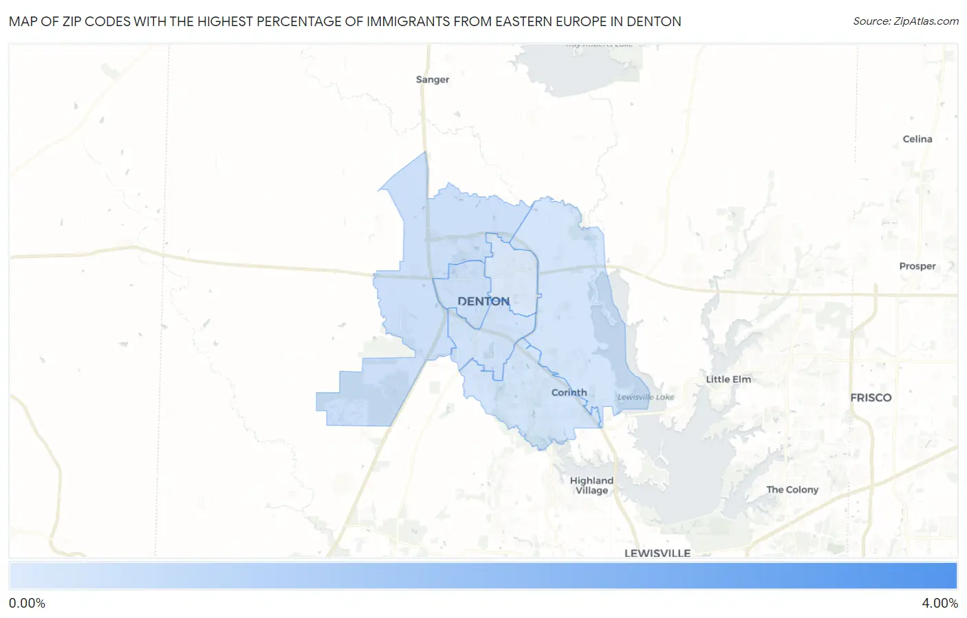 Zip Codes with the Highest Percentage of Immigrants from Eastern Europe in Denton Map