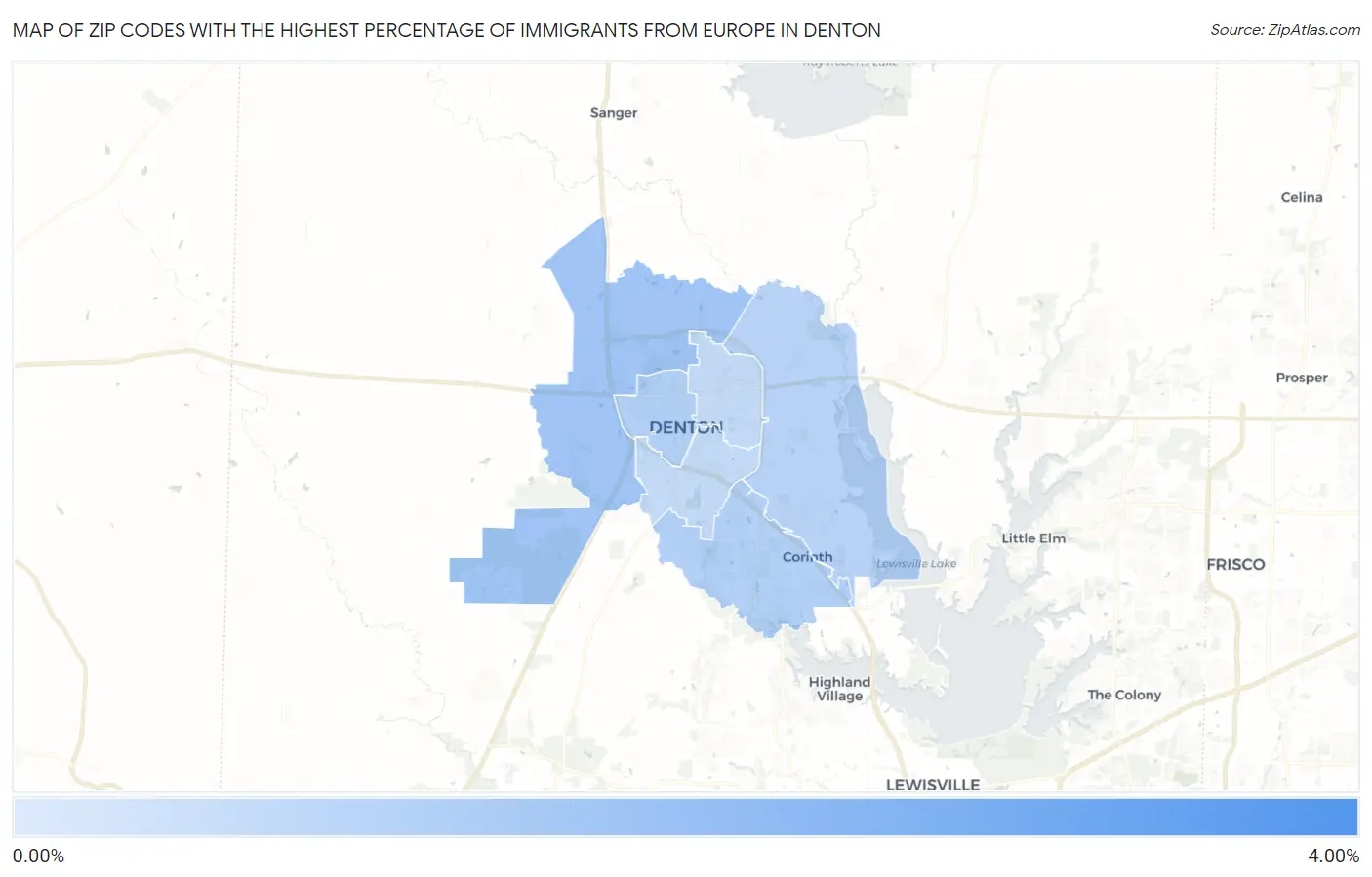 Zip Codes with the Highest Percentage of Immigrants from Europe in Denton Map