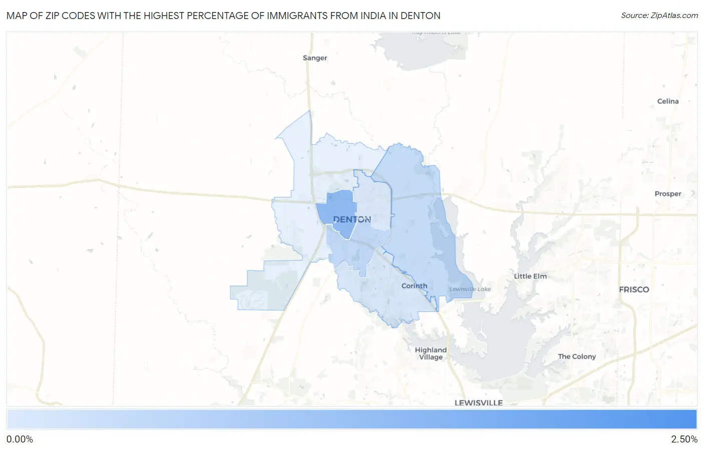 Zip Codes with the Highest Percentage of Immigrants from India in Denton Map