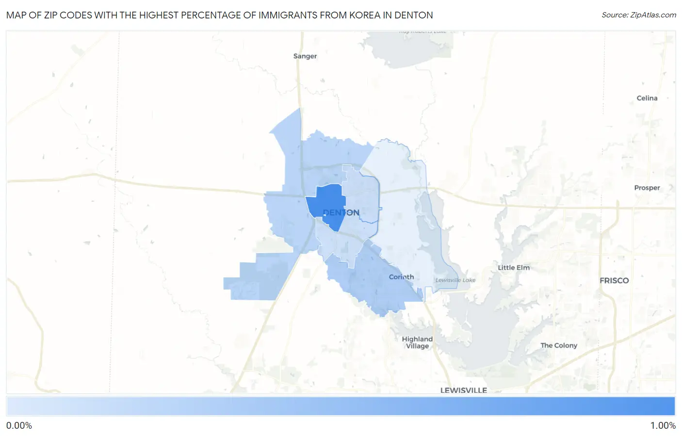 Zip Codes with the Highest Percentage of Immigrants from Korea in Denton Map