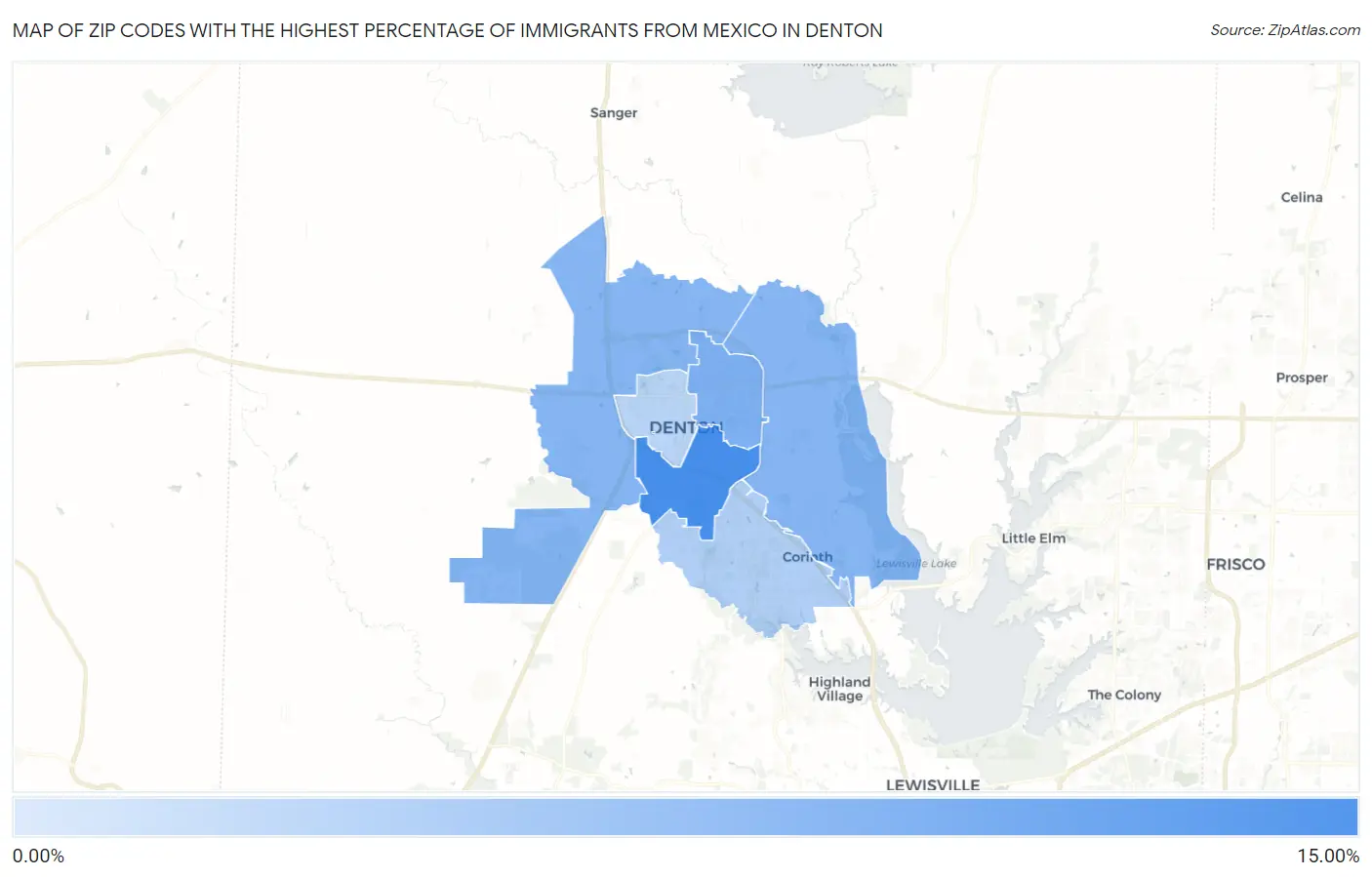 Zip Codes with the Highest Percentage of Immigrants from Mexico in Denton Map