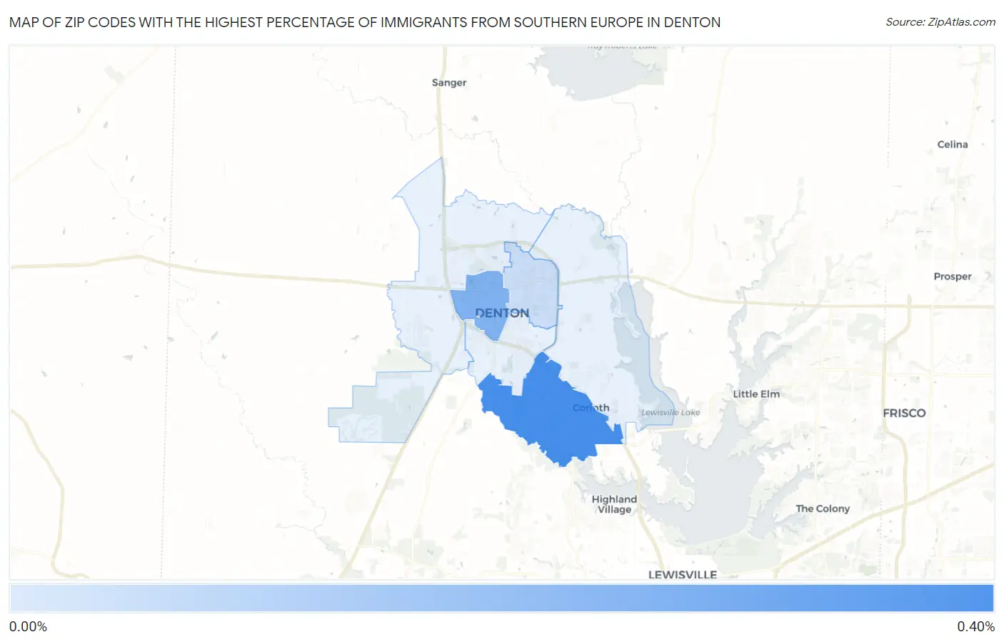 Zip Codes with the Highest Percentage of Immigrants from Southern Europe in Denton Map