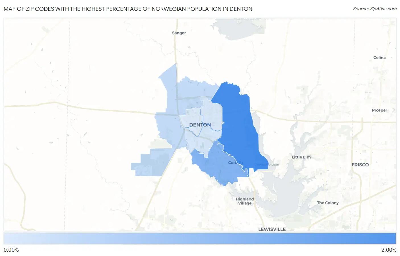Zip Codes with the Highest Percentage of Norwegian Population in Denton Map