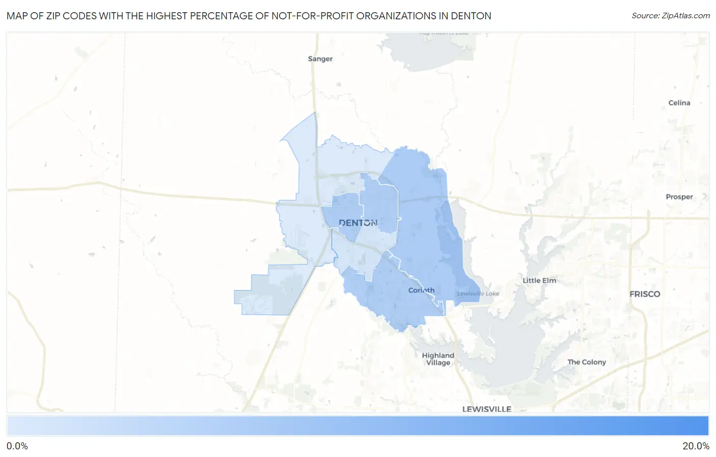 Zip Codes with the Highest Percentage of Not-for-profit Organizations in Denton Map