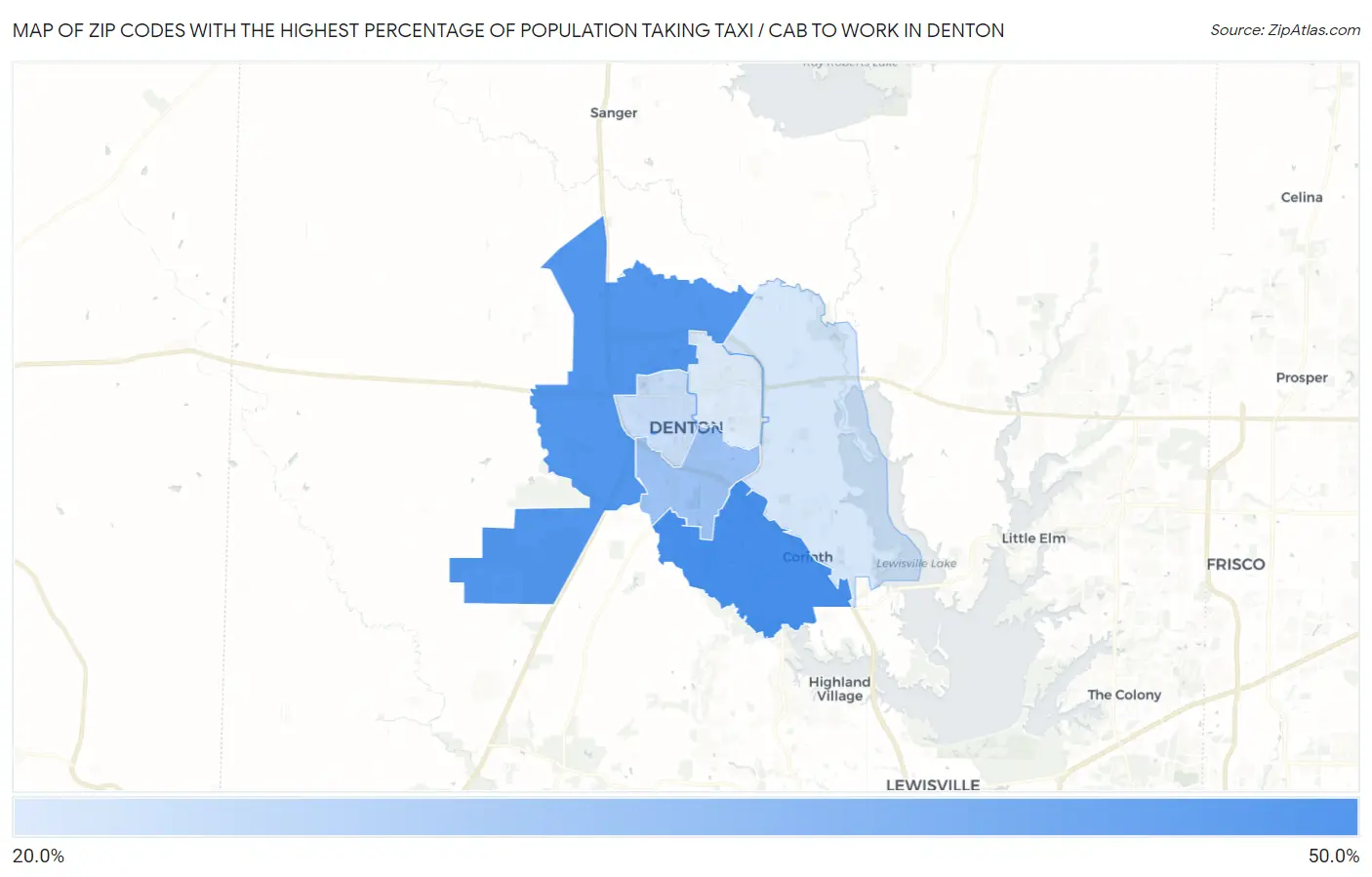Zip Codes with the Highest Percentage of Population Taking Taxi / Cab to Work in Denton Map