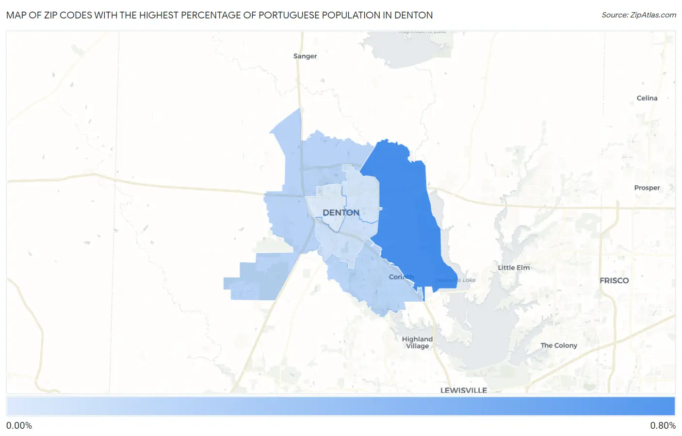 Zip Codes with the Highest Percentage of Portuguese Population in Denton Map