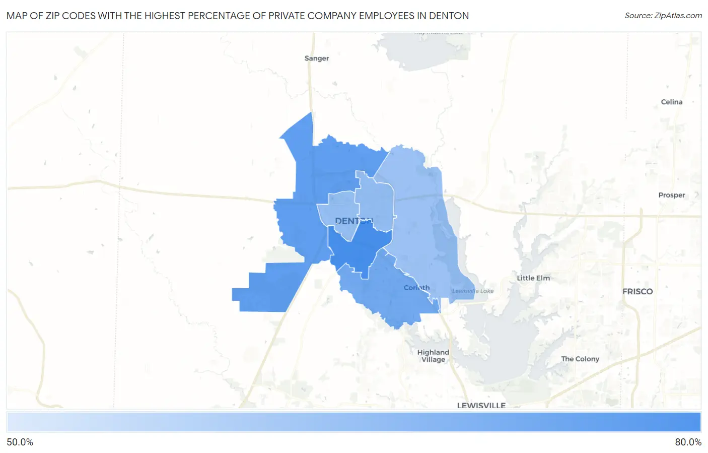 Zip Codes with the Highest Percentage of Private Company Employees in Denton Map