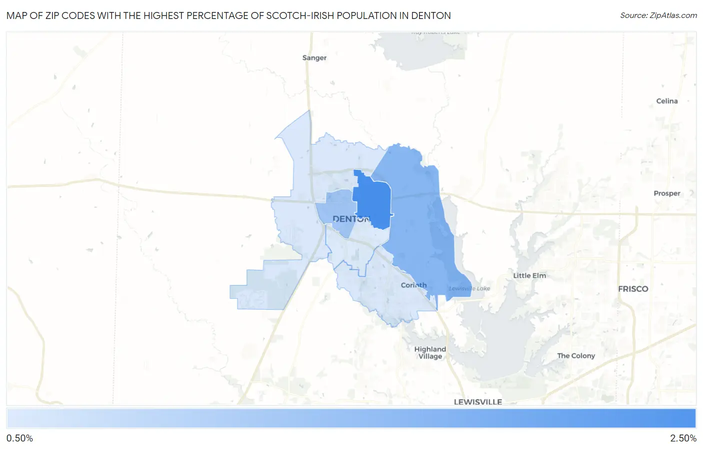 Zip Codes with the Highest Percentage of Scotch-Irish Population in Denton Map