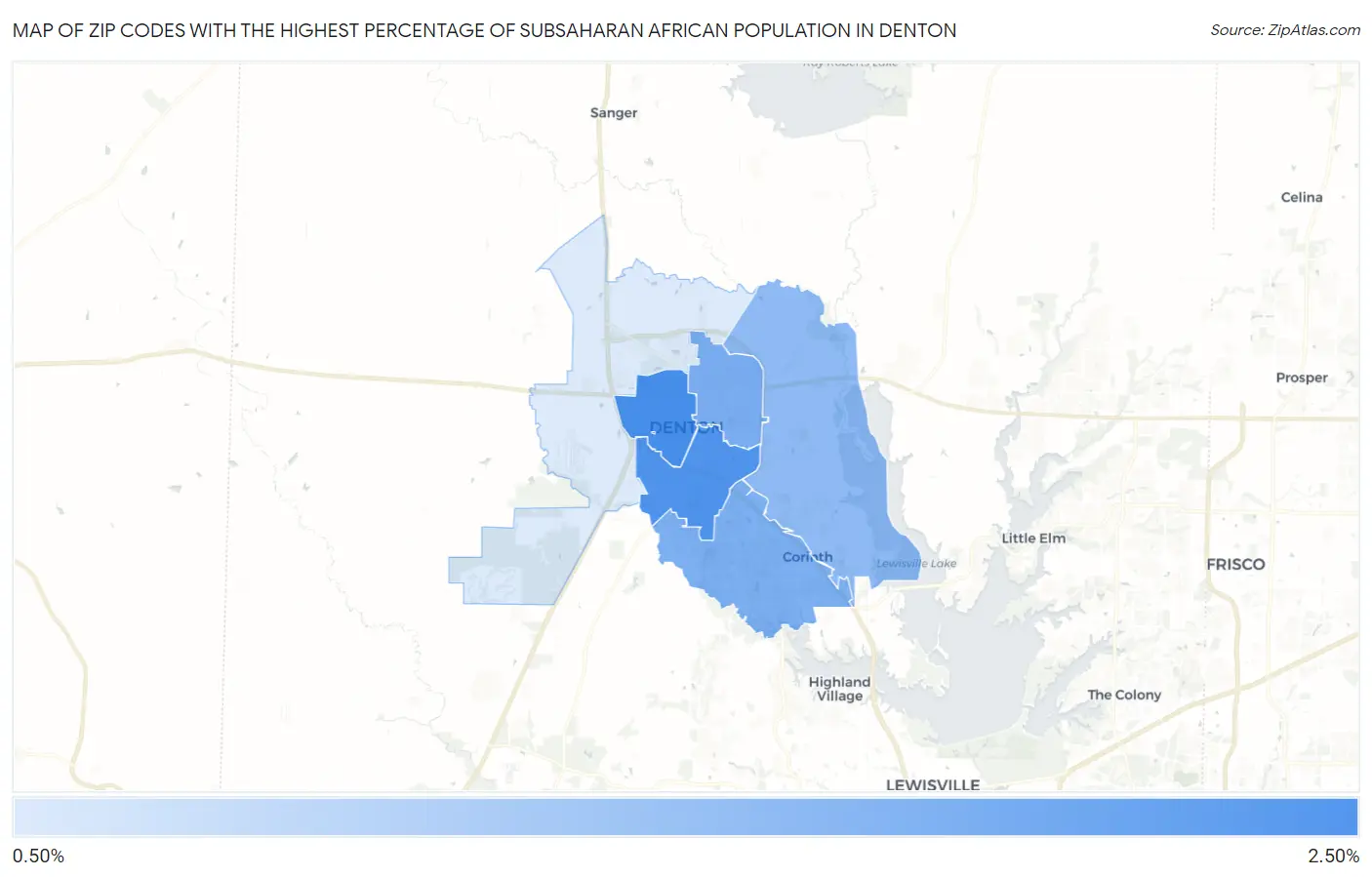 Zip Codes with the Highest Percentage of Subsaharan African Population in Denton Map