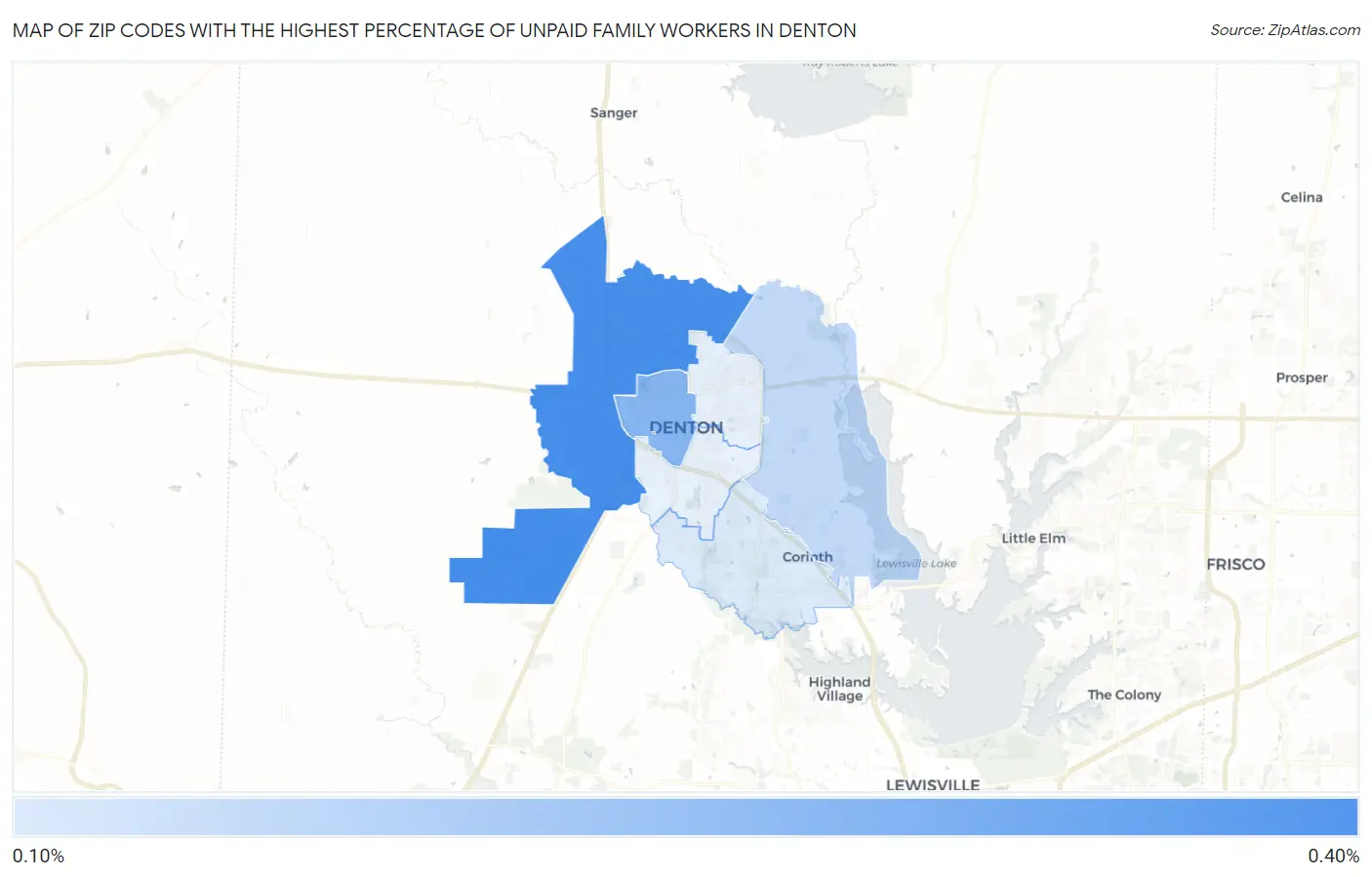 Zip Codes with the Highest Percentage of Unpaid Family Workers in Denton Map