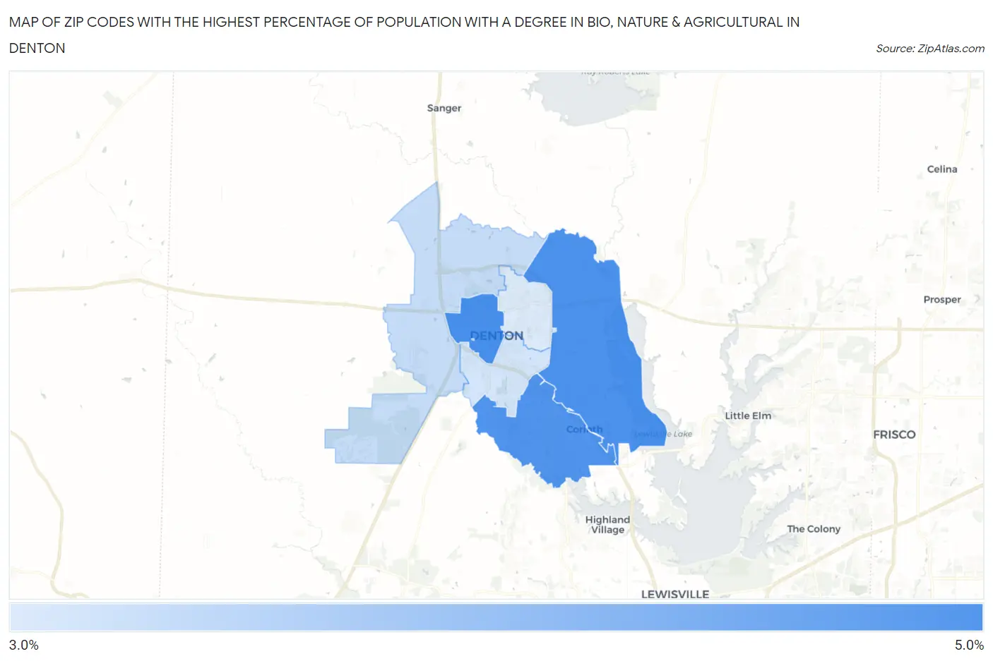 Zip Codes with the Highest Percentage of Population with a Degree in Bio, Nature & Agricultural in Denton Map