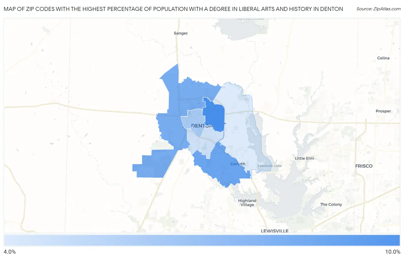 Zip Codes with the Highest Percentage of Population with a Degree in Liberal Arts and History in Denton Map