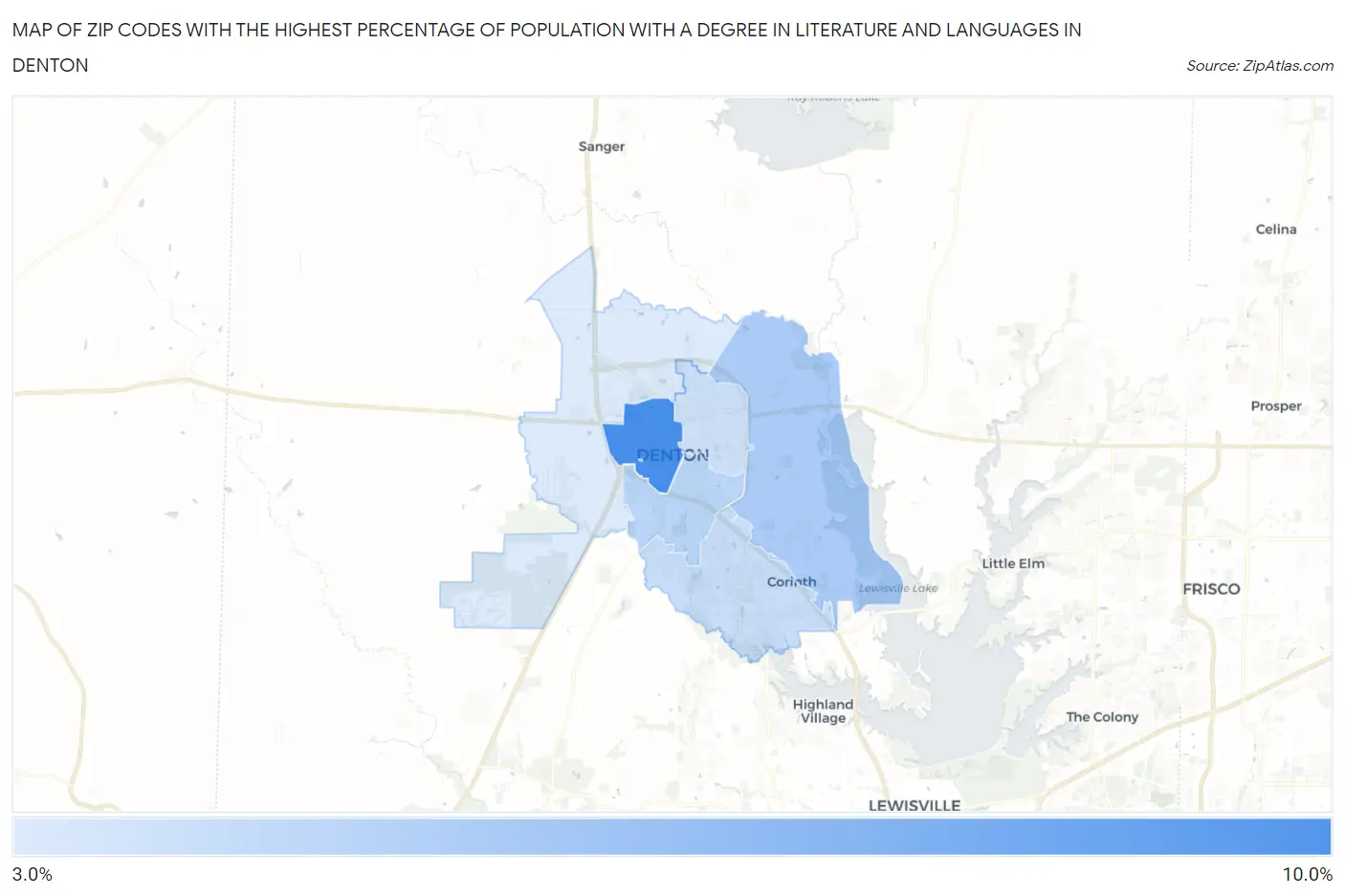 Zip Codes with the Highest Percentage of Population with a Degree in Literature and Languages in Denton Map