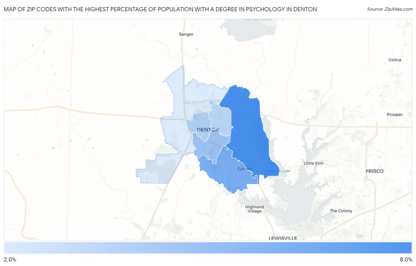 Zip Codes with the Highest Percentage of Population with a Degree in Psychology in Denton Map