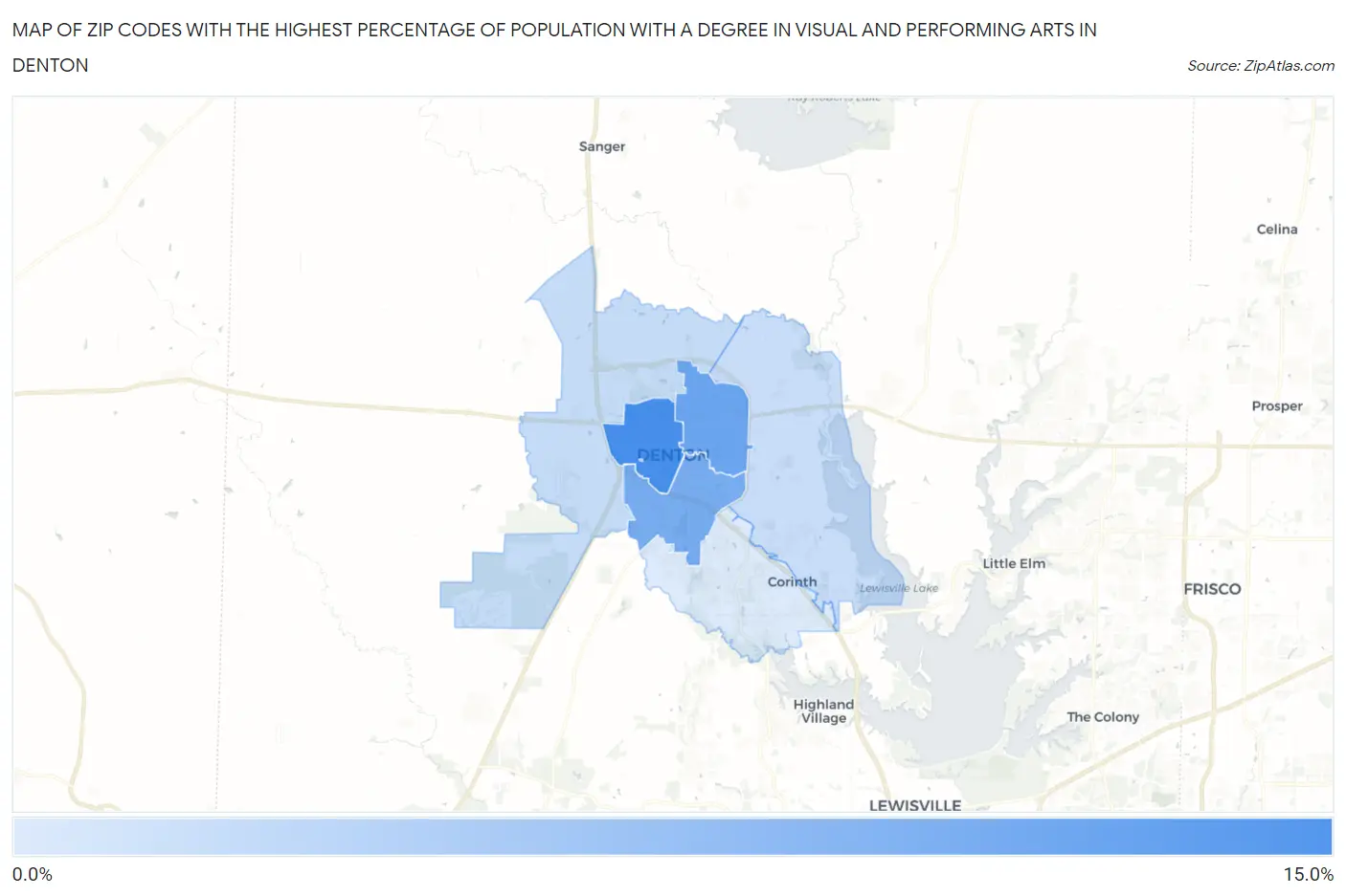Zip Codes with the Highest Percentage of Population with a Degree in Visual and Performing Arts in Denton Map