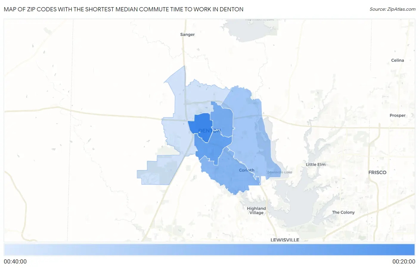 Zip Codes with the Shortest Median Commute Time to Work in Denton Map