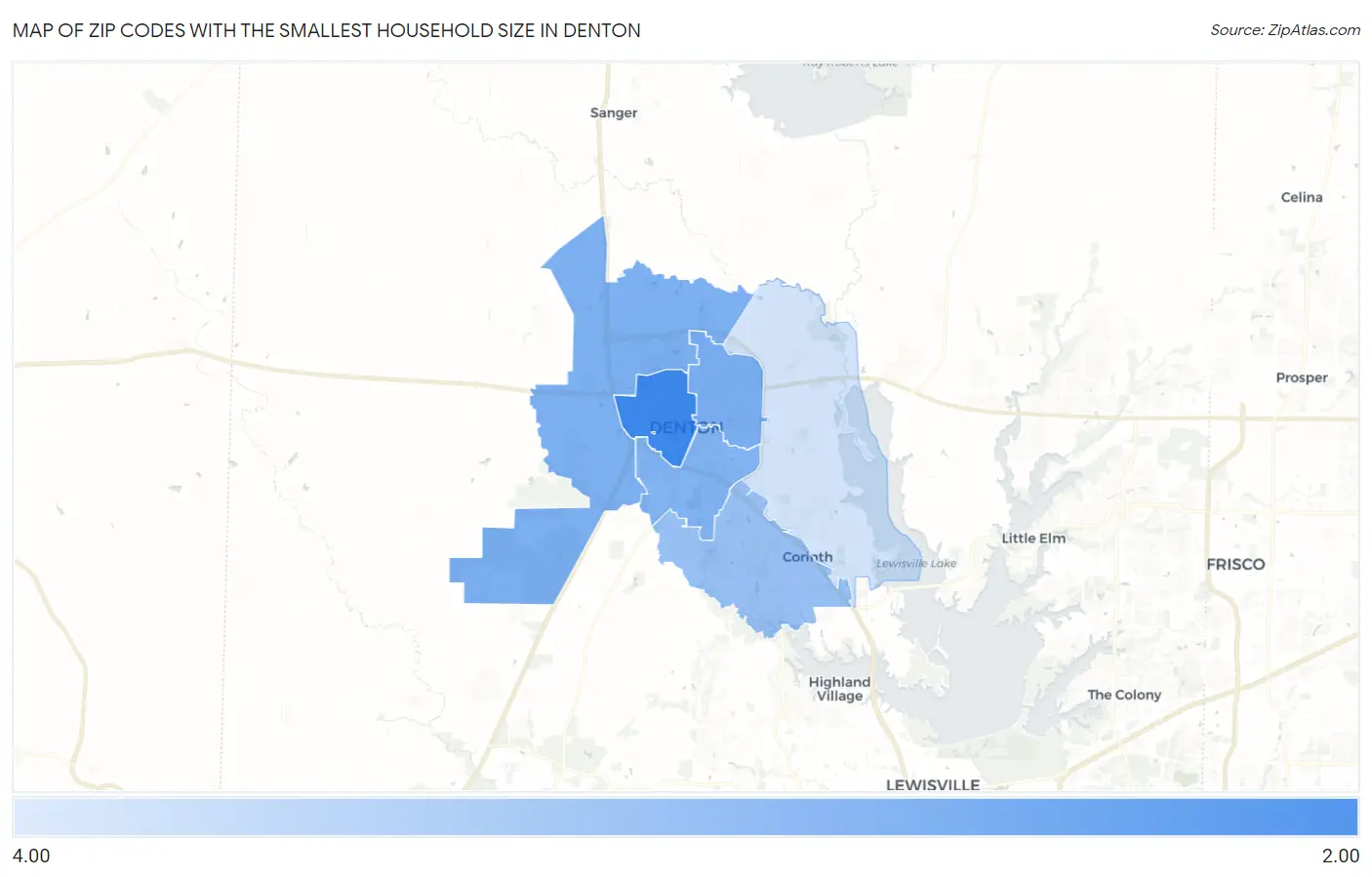Zip Codes with the Smallest Household Size in Denton Map