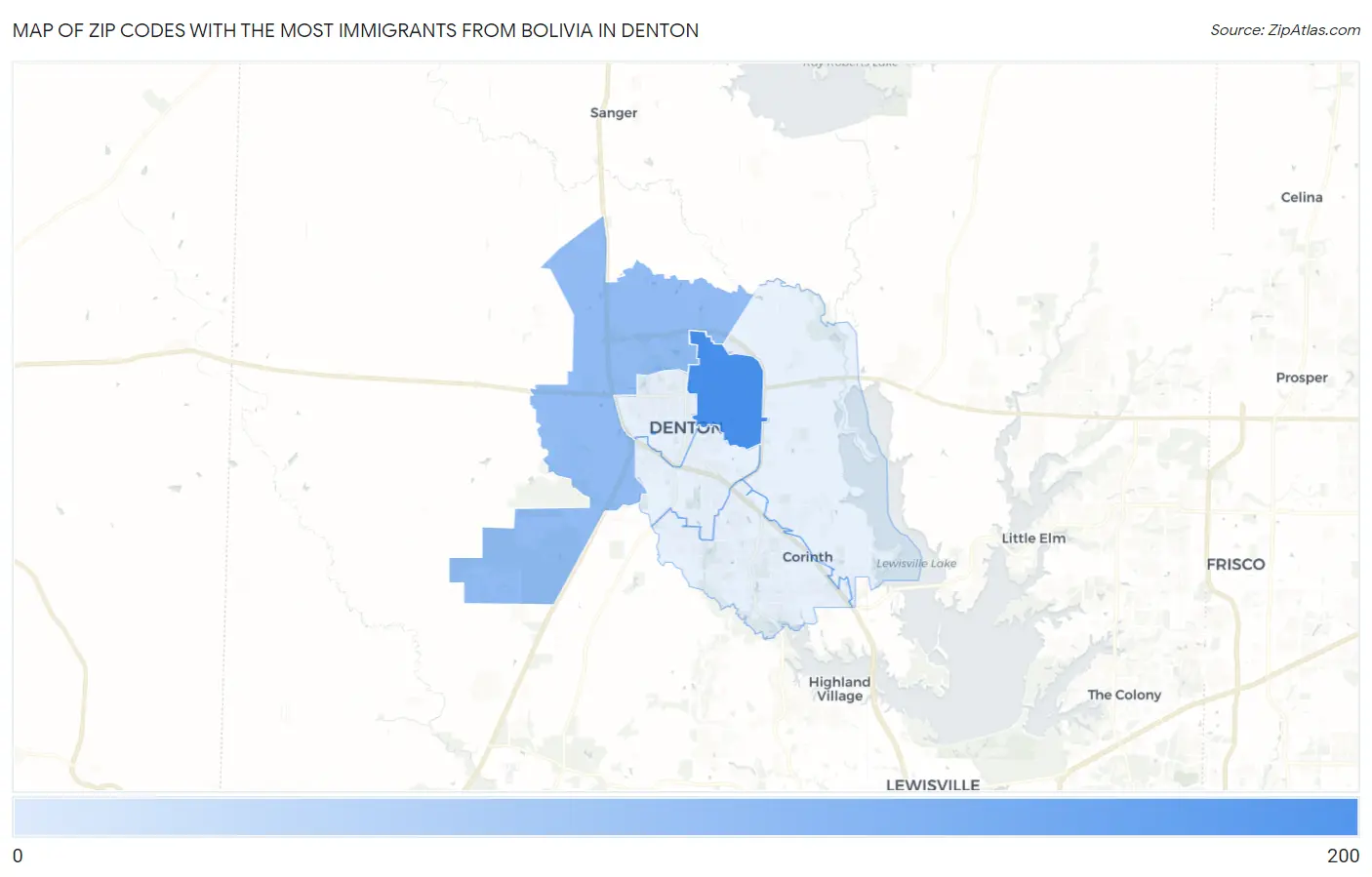 Zip Codes with the Most Immigrants from Bolivia in Denton Map