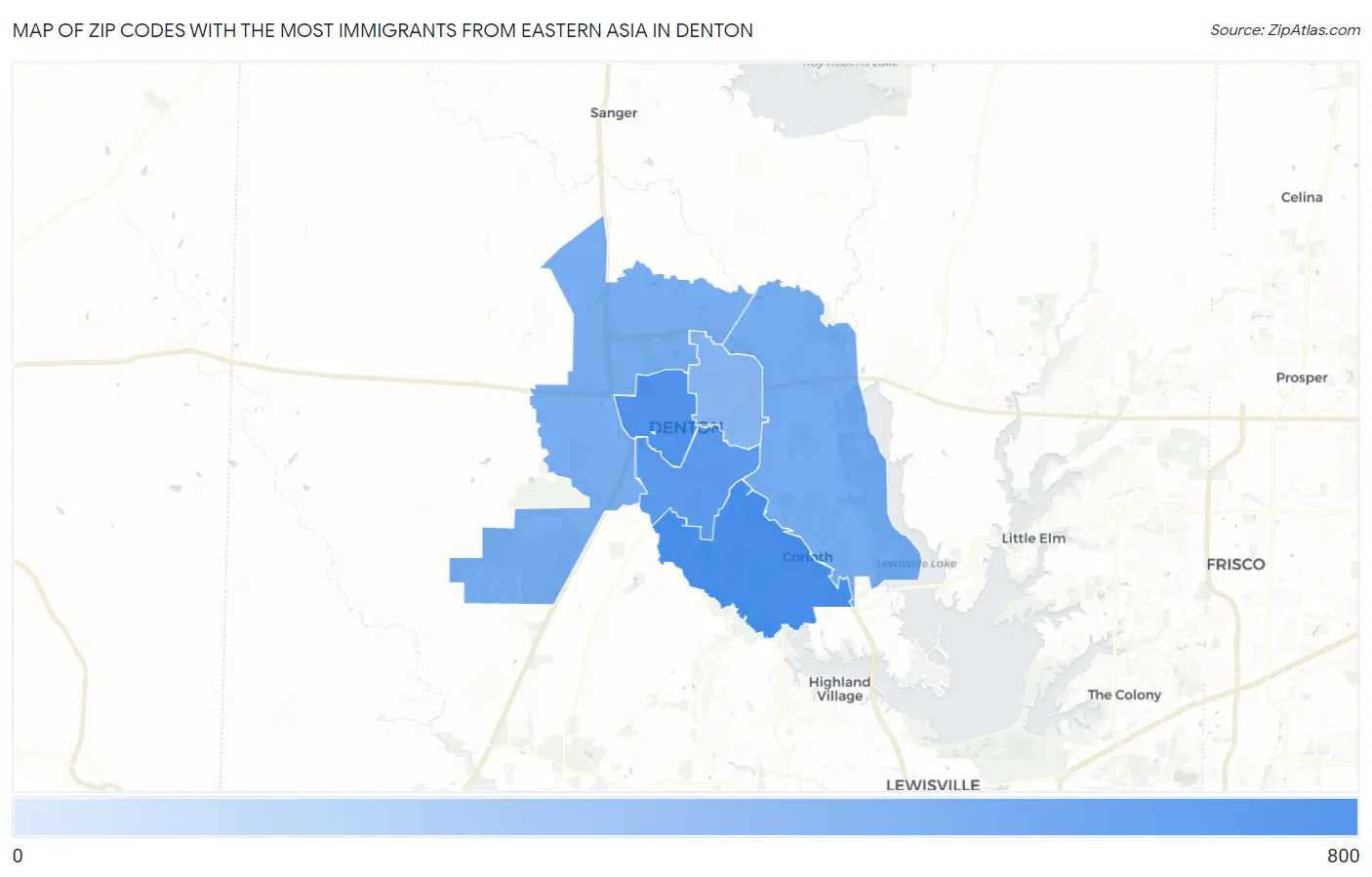Zip Codes with the Most Immigrants from Eastern Asia in Denton Map