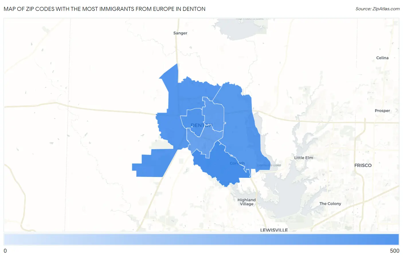 Zip Codes with the Most Immigrants from Europe in Denton Map